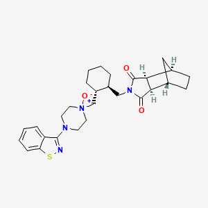 2D structure of (3a R,4S,7R,7a S)-2-[[(1R,2R)-2-[[4-(1,2-Benzisothiazol-3-yl)-1-oxido-1-